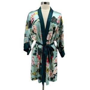 NEW Lilac & London Womens Large Robe Yulissa Kimono Wrapper Floral Satin Green